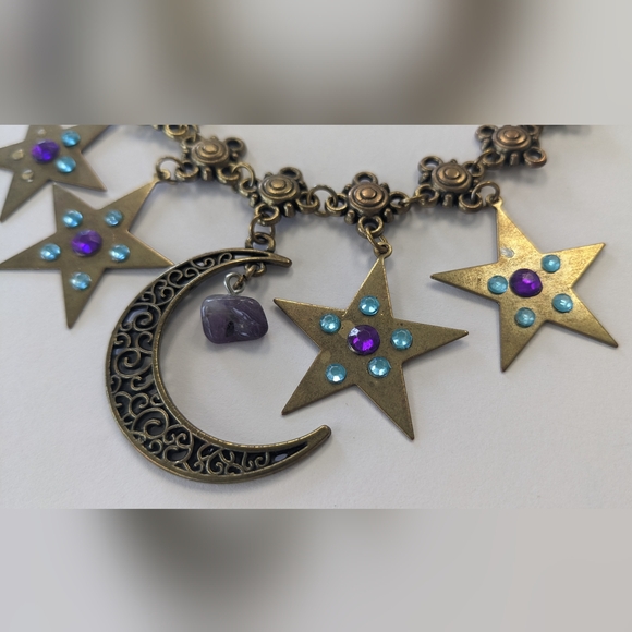 VTG METAL BRONZE/GOLD TONE MOON & STARS NATURAL GEM STONE NECKLACE - Picture 7 of 13